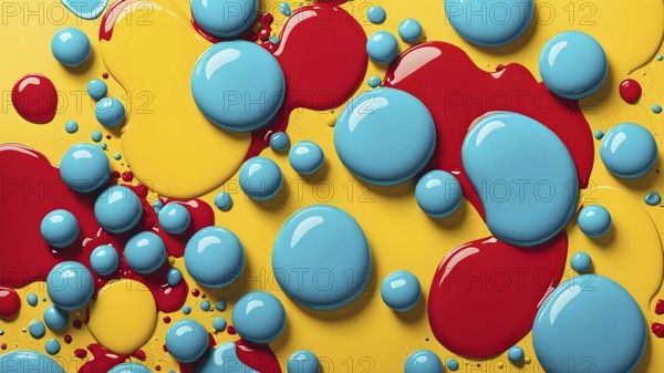 Abstract image with vibrant blue and red blobs and liquid shapes on a yellow background, AI