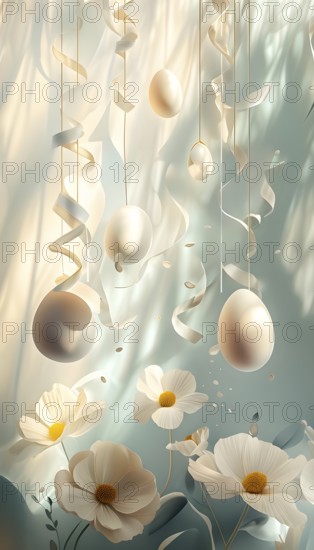 Surreal Easter scene with floating eggs, ribbons, and flowers in a dreamlike, whimsical composition