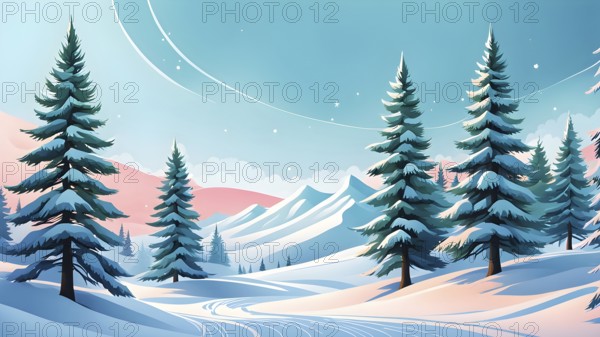Abstract winter wonderland with minimalist stylized pine trees and snowdrifts using soft pastel