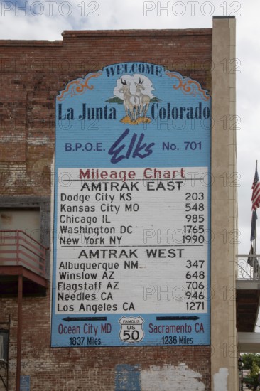 La Junta, Colorado, A chart on the outside of the Elks Lodge near the Amtrak station lists train