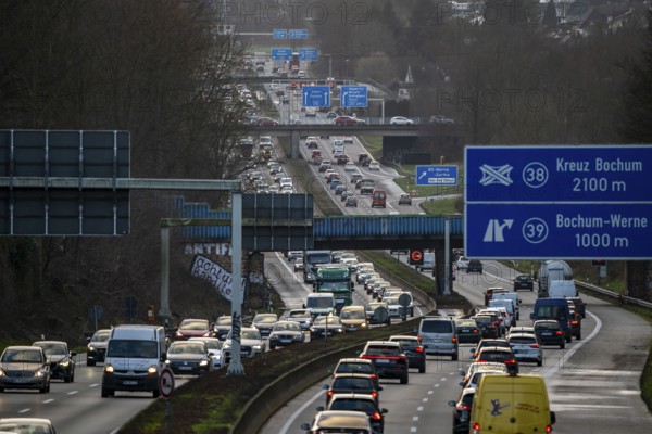 Motorway A40, Ruhrschnellweg, near Bochum, dense evening traffic, in front of the motorway junction