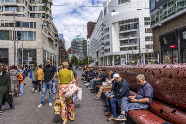 Grote Marktstraat, shopping street, long bench, pedestrian zone, in the city centre of The Hague,