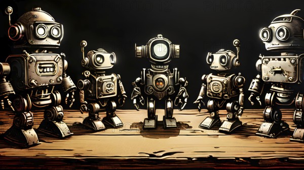 Team of robots styled as vintage toys poised atop an antique wooden table, AI generated