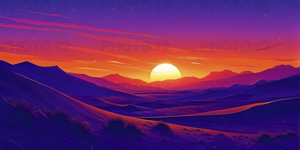 Abstract illustration of a sunset over a desert landscape in vivid and vibrant colors, AI generated