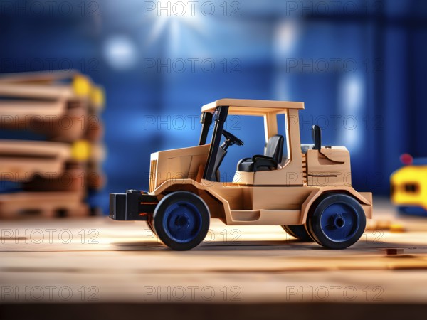 Vintage wooden forklift toy with a playful design in front of blurred background, AI generated