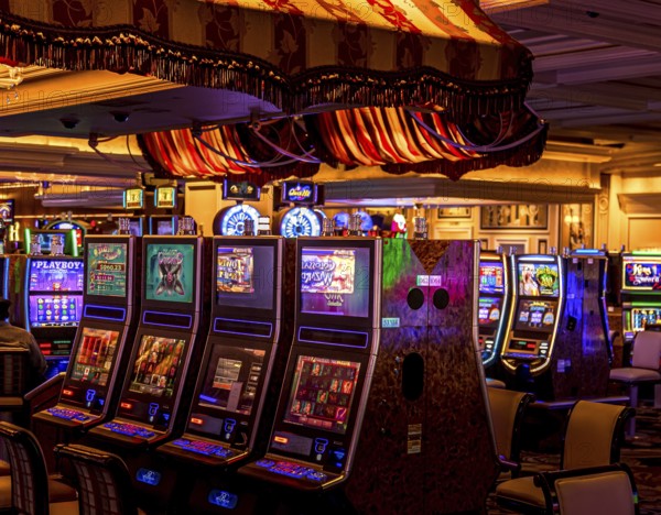 Las Vegas, Nevada, USA-March 10, 2019: Casino machines in the entertainment area at night waiting