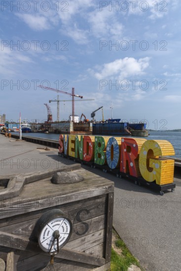Maritime Svendborg, shipyard, cranes, dock, Frederiksø, Frederiks Island in the harbour, colourful