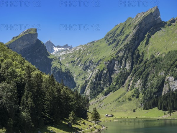 Lake Seealpsee, Alpstein mountain range near Wasserauen, peak of Mt. Säntis in the back, Appenzell,