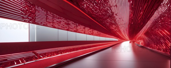 Abstract geometric pattern tunnel structure embodying data streams and communication in red hues,