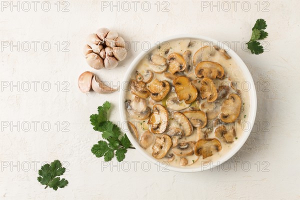 Champignons in creamy garlic sauce, with herbs and spices, gravy, sauce, no people