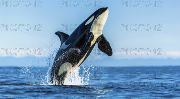 A large orca whale is leaping out of the water. Concept of animal conservation and grace, AI