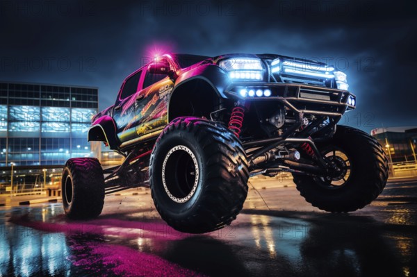 Monster truck illuminated by neon lights, excitement and thrill of an extreme sport and