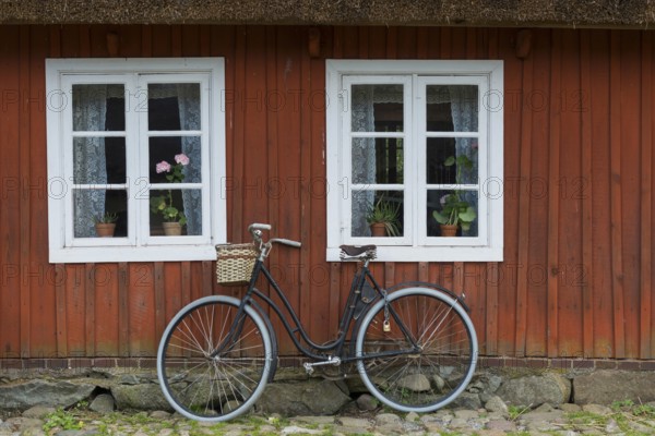 Old wooden window and bicycle, ladies bicycle, farmhouse, decoration, window, historic, old, old,