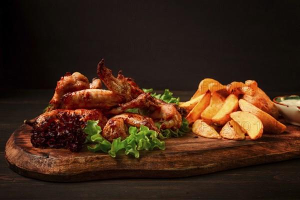 Fried chicken wings, with potatoes, and spices, homemade, fast food, no people