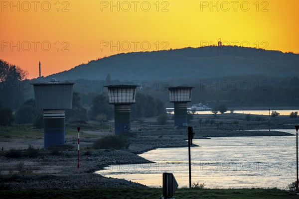 Rhine at Duisburg-Bruckhausen, towers of the water extraction facilities of ThyssenKrupp Steel