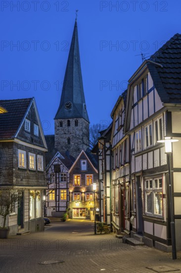The old town of Hattingen, Johannisstraße, St. George's Church, leaning church tower, half-timbered