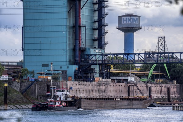 Works harbour of Hüttenwerke Krupp Mannesmann, HKM, pushed convoy, cargo ship on the Rhine,