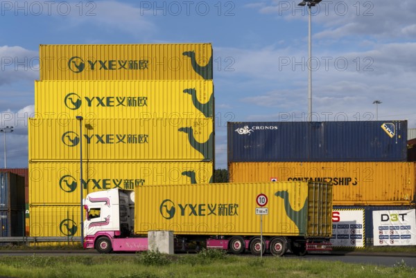 Container of the Chinese goods train operator YXE from Yiwu, China, part of the Silk Road route