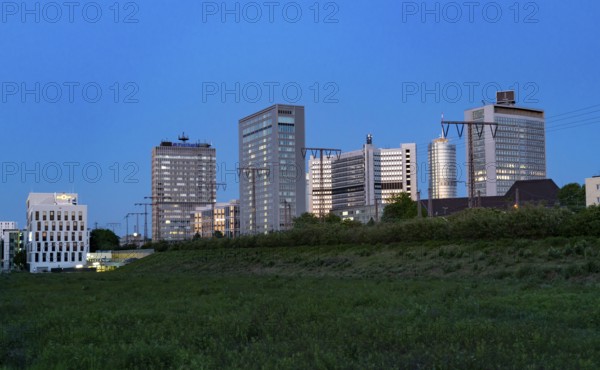 Skyline of Essen city centre with various administrative buildings and headquarters of large
