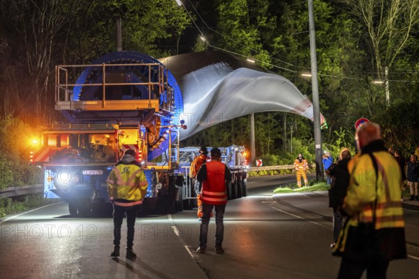 Transport of a 68 metre long, 22 tonne blade of a wind turbine, here in Schwelm, with a