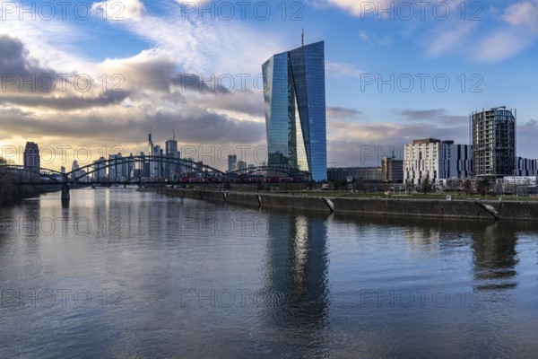 Skyline of the city centre of Frankfurt am Main, river Main, building of the European Central Bank,