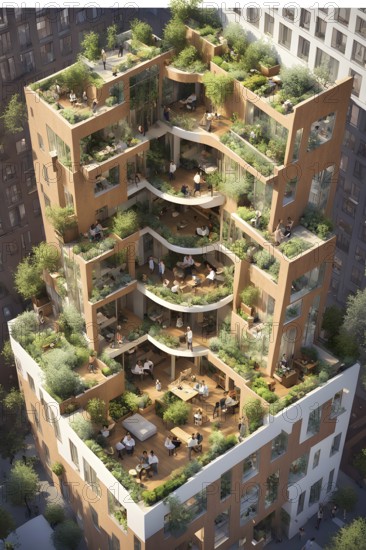 3d render of a compact community of interconnected artists studios in co living, AI generated