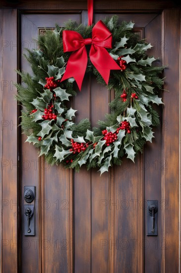 Classic holiday wreath with frosted holly leaves hanging on a rustic wooden door, AI generated
