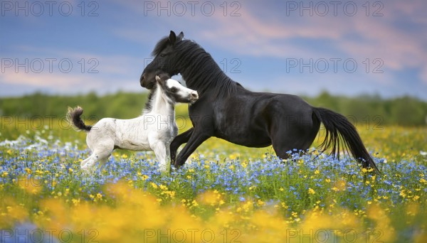 A black mare and a foal, horse, horses. Studio, AI generated