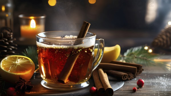 Steaming apple cider in a glass mug, garnished with a cinnamon stick and star anise, surrounded by