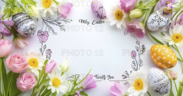 Easter card with delicate hand-drawn illustrations, placed among fresh flowers and decorated eggs,