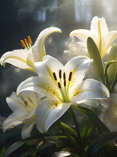 Blooming Easter lilies with soft white petals and a yellow center, bathed in gentle sunlight, AI