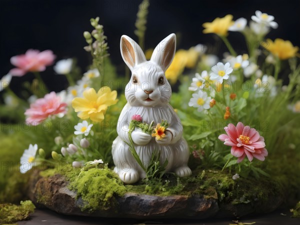 Vintage porcelain rabbit figurine surrounded by small, colorful spring flowers and soft moss, AI
