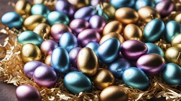 Small chocolate Easter eggs wrapped in shiny foil, placed on a bed of shredded pastel-colored