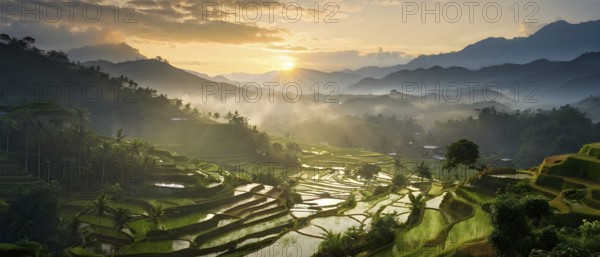 Early morning light bathes Philippines rice terraces cascading down mountain slopes, AI generated