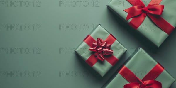 Top view of Christmas gift boxes with red ribbon on green background with copy space. Generative