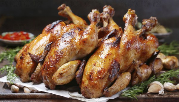 Food, lots of grilled chicken and chicken pieces on a buffet, AI generated, AI generated