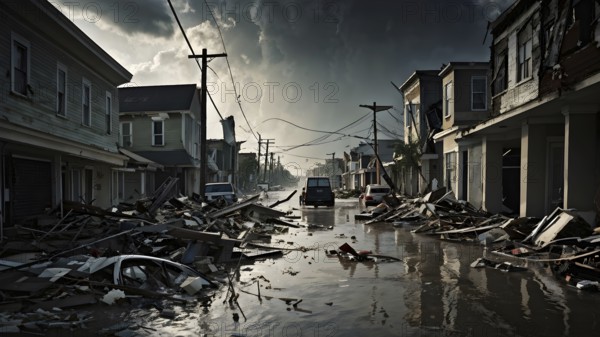Aftermath of a hurricane ravaging a coastal city with ruins of buildings, AI generated
