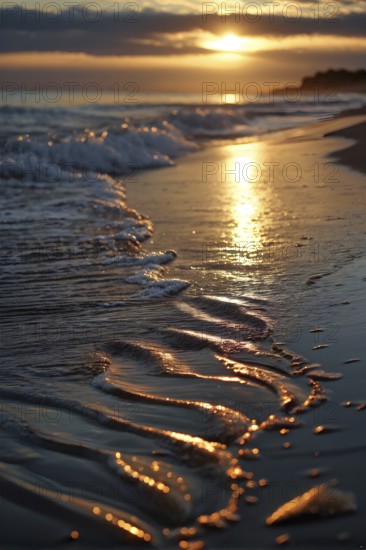 Sunset mood on a whispering tranquil costal landscape with sandy beach, AI generated