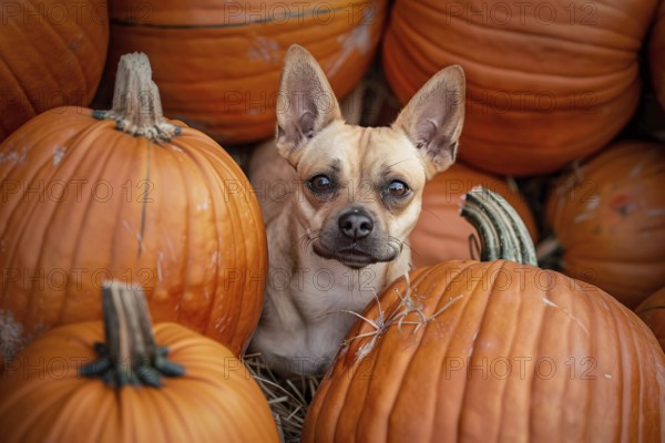 Cute dog between large orange pumpkins. Generative Ai, AI generated
