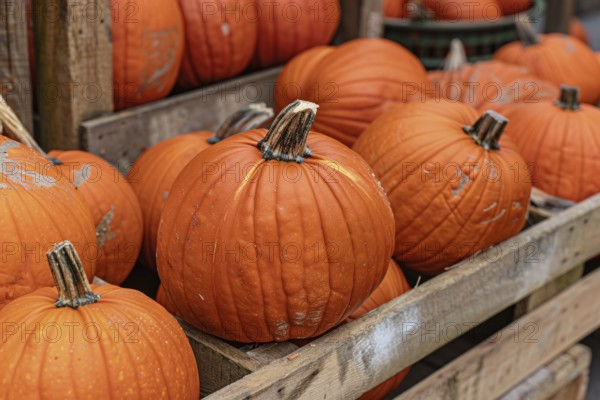 Orange pumpkins in crate at market. Generative Ai, AI generated