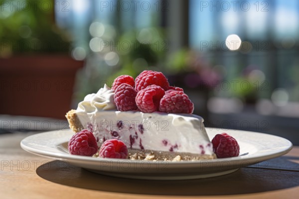 Slice of cream cake with raspberry fruits on plate. KI generiert, generiert AI generated