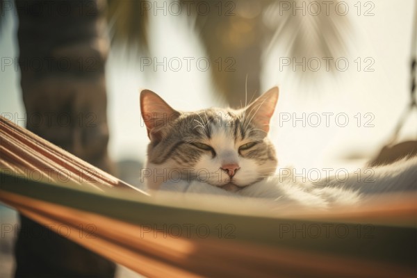 Cat relaxing in hammock at tropical beach. KI generiert, generiert AI generated