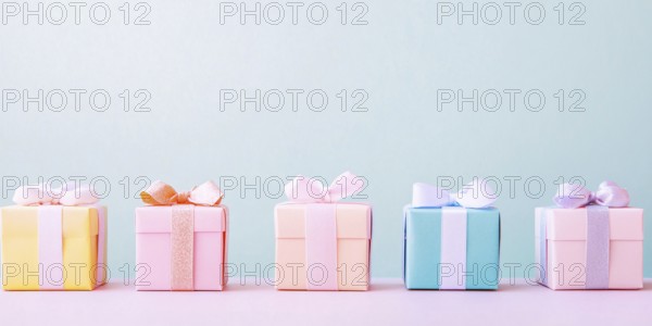 Top view of small gift boxes on pastel blue background. Generative Ai, AI generated