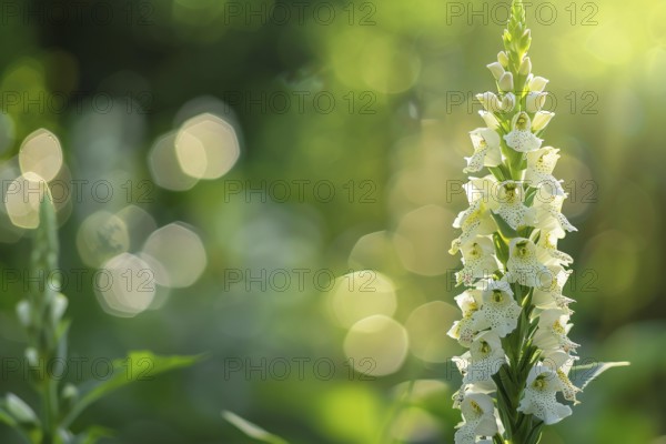 White Digitalis flower with blurry green nature background. KI generiert, generiert, AI generated