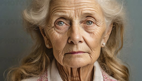 Close-up of the face of an old woman with grey hair and a serious look, AI generated, AI generated