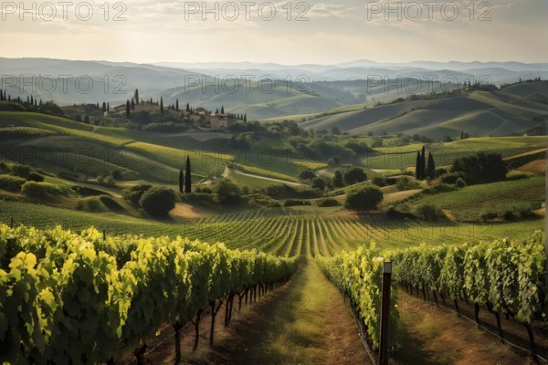 Winding vineyard rows snake through rolling hills under atmospheric summer sunlight, AI generated
