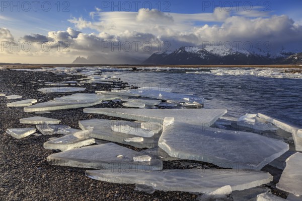 Ice floes on the beach, snowy, waves, sea, cloudy mood, winter, Lonsvik, Höfn, Iceland, Europe