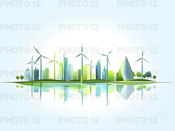 Abstract visual illustration of a city skyline where buildings morph into wind turbines and trees,