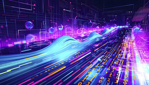 Abstract data stream flowing like liquid light, with sharp lines of code and binary numbers