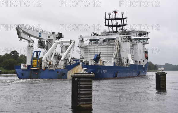 Ship, special ship, cable-laying ship NKT Victoria travelling through the Kiel Canal, Kiel Canal,